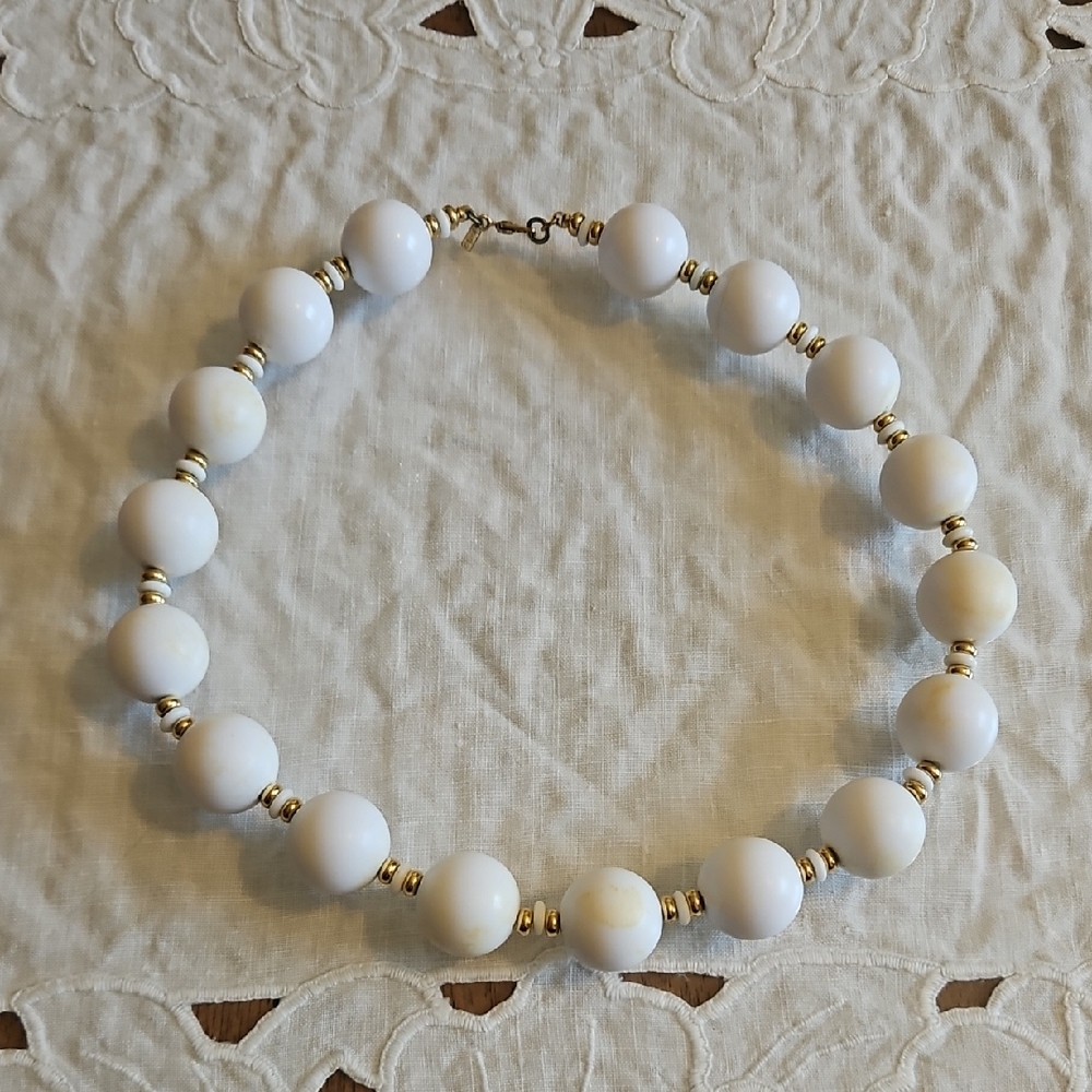 Monet White Beaded Necklace with Gold Accents